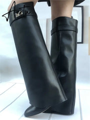 Genuine Leather Shark Lock Boots Metal Decor Belt Knee High Botas Mujer Wedges Women's Shoes Ladies High Heel Knee Boots Female Aiertu