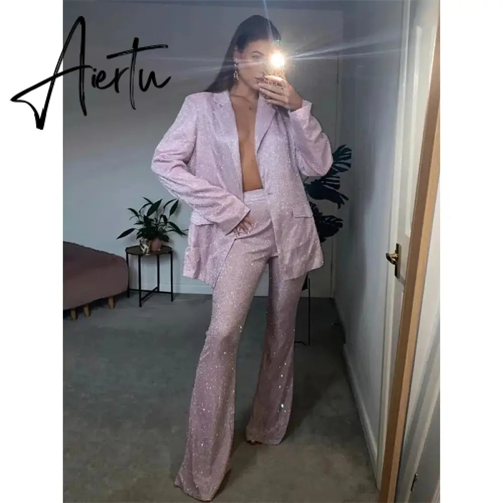 Glitter Silver Party Two Piece Pants Set Women Club Night Outfits Fashion Sparkly Blazer Matching Sets Femme Tracksuit Aiertu