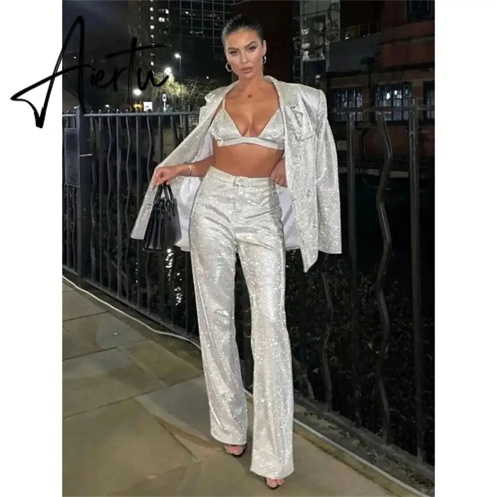 Glitter Silver Party Two Piece Pants Set Women Club Night Outfits Fashion Sparkly Blazer Matching Sets Femme Tracksuit Aiertu