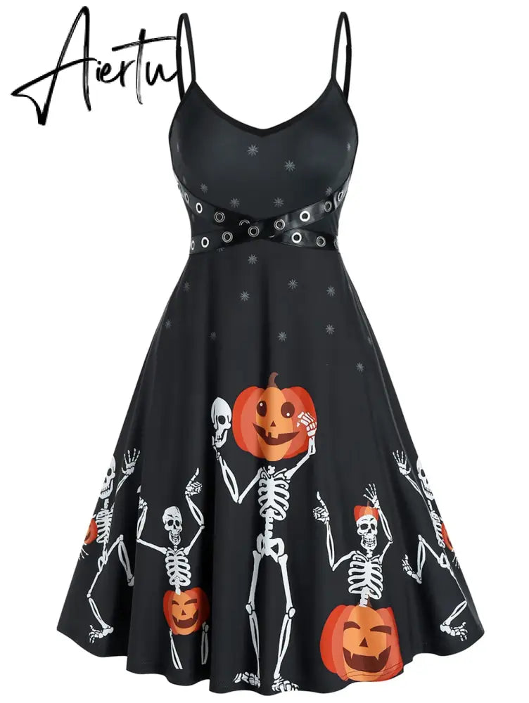 Gothic Black Women Dresses Lace Up Halloween Bat Skull Pumpkin Print Dress Sleeveless Punk V-Neck Autumn Party Dress For Female Aiertu