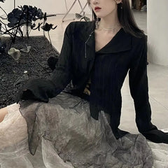 Gothic Women Black Shirts Korean Dark Academic Female Designed Irregular Tops Spring Fashion Streetwear Y2K Blouse Aiertu