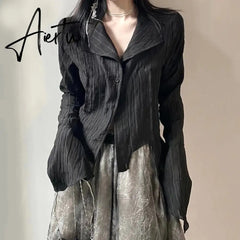 Gothic Women Black Shirts Korean Dark Academic Female Designed Irregular Tops Spring Fashion Streetwear Y2K Blouse Aiertu