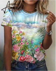 Graphic Floral Print Streetwear Casual Short Sleeve Plus Size Funny Kawaii Harajuku Tees T-shirt Summer Clothing for Women Aiertu