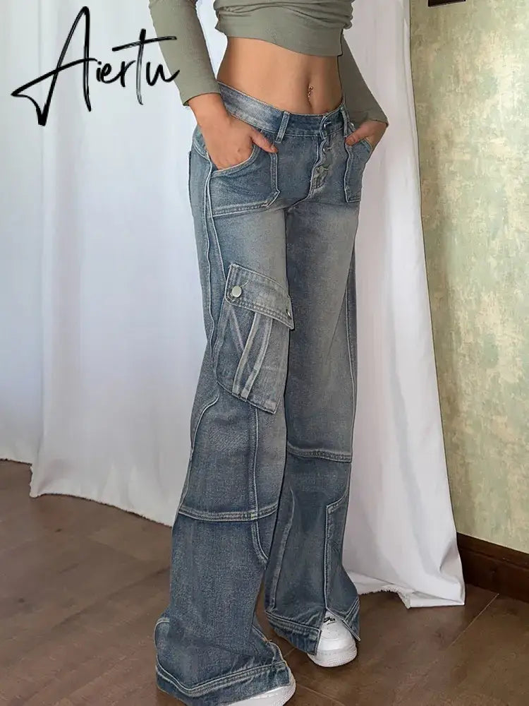 Grunge Retro Baggy Jeans Y2k Streetwear Low Rise Stitched Wide Leg Denim Cargo Pants Basic Mom Jean Casual Women Outfits Aiertu