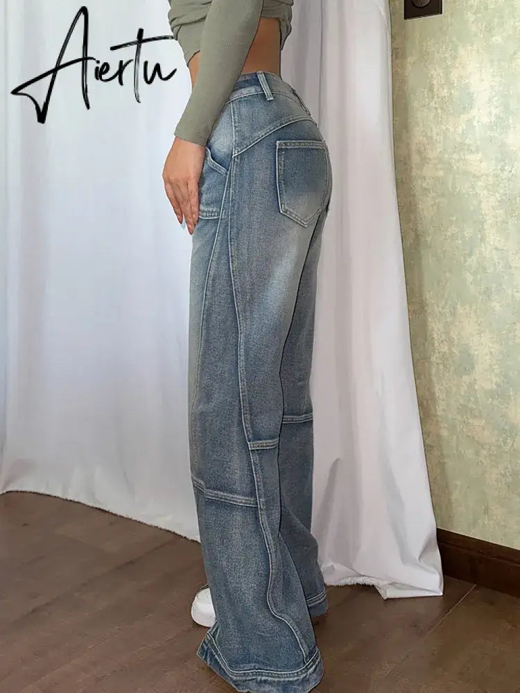Grunge Retro Baggy Jeans Y2k Streetwear Low Rise Stitched Wide Leg Denim Cargo Pants Basic Mom Jean Casual Women Outfits Aiertu