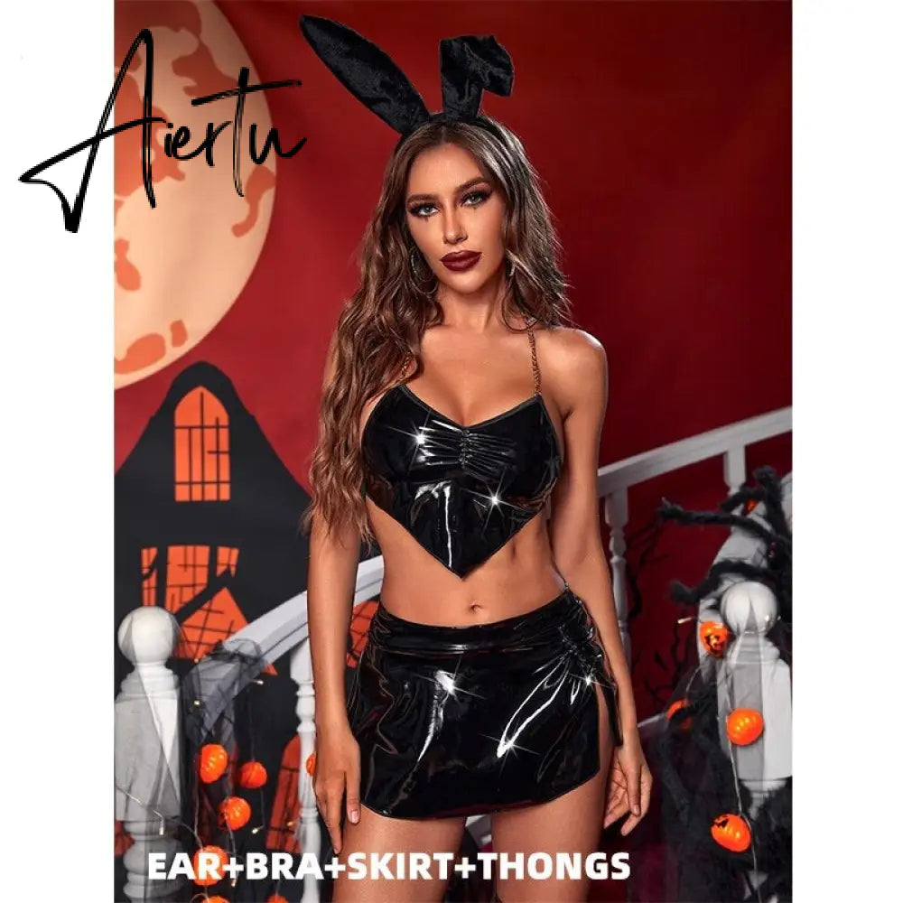 Halloween Lingerie Bunny Latex Cosplay Sexy Costumes 4-Piece Thongs Halter Leather Sissy Underwear Nightclub Outfit Aiertu