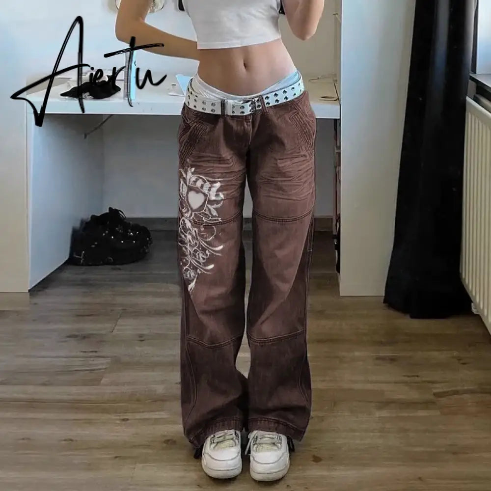 Harajuku Grunge Vintage Low Waisted Cargo Pants Y2K Aesthetics Indie Women Jeans Pockets Korean Streetwear Retro Trousers Aiertu