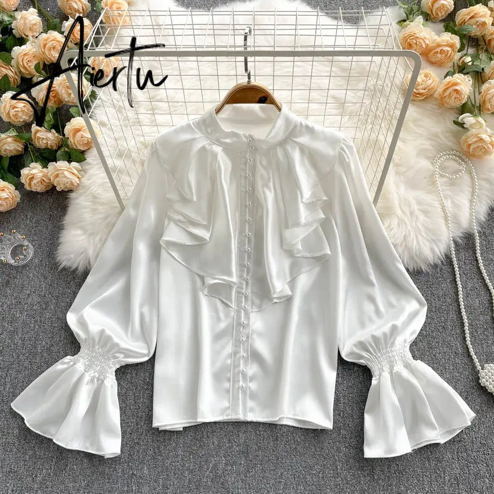 High Quality Satin Loose Shirt Long Flared Sleeves Ruffles O Neck Beading  Women Gentle Office Lady Casual Blouse Aiertu