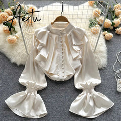 High Quality Satin Loose Shirt Long Flared Sleeves Ruffles O Neck Beading  Women Gentle Office Lady Casual Blouse Aiertu