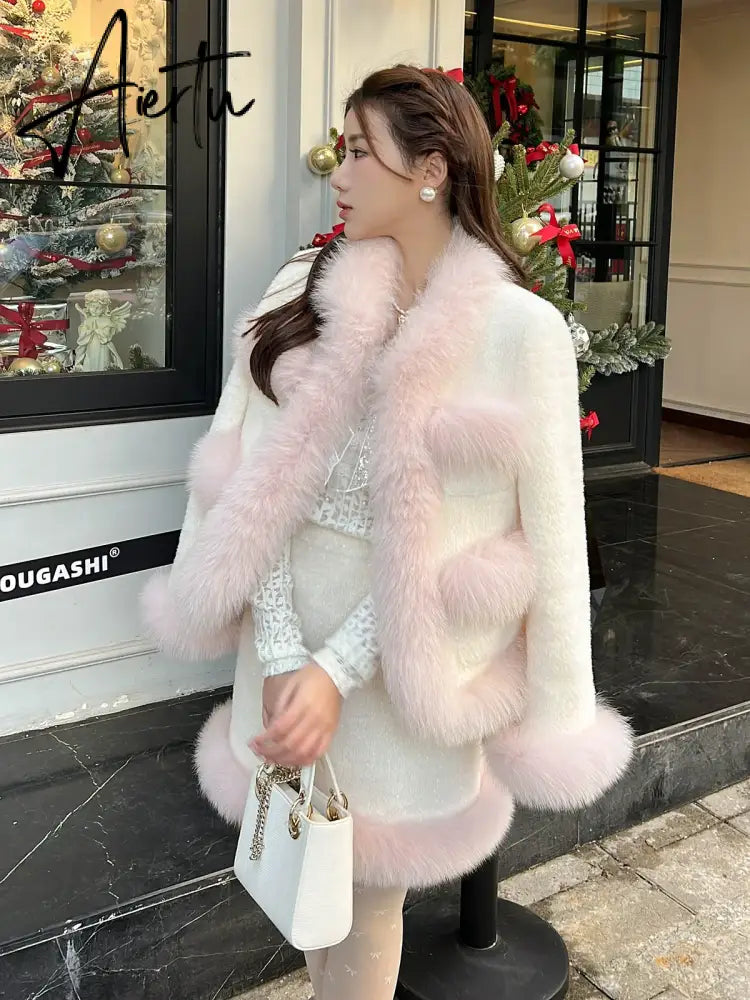 High Quality Winter Plush Thick Warm Wool Two Piece Set For Women Jacket Coat + Skirt Suits Girl Korean Sweet 2 Piece Outfits Aiertu
