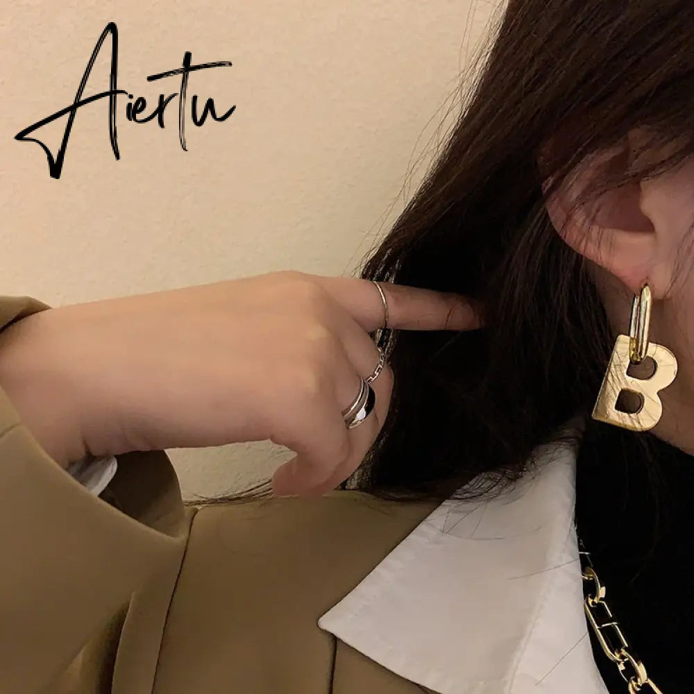 Hiphop Gold Color Metal Big Letter B Earrings Bracelets for Women Wide Thick Link Chain Bracelets Choker Necklace Jewelry Gift Aiertu