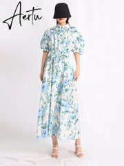 Hit Color Print Dresses For Women Lapel Puff Sleeve High Waist Tunic Summer Dress Female Fashion Clothing  New Aiertu