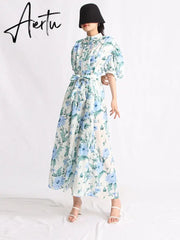 Hit Color Print Dresses For Women Lapel Puff Sleeve High Waist Tunic Summer Dress Female Fashion Clothing  New Aiertu