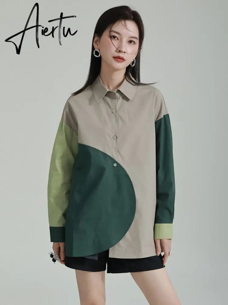 Hit Color Shirts For Women Lapel Long Sleeve Spliced Single Breasted Loose Casual Blouse Female Fashion Clothing Aiertu