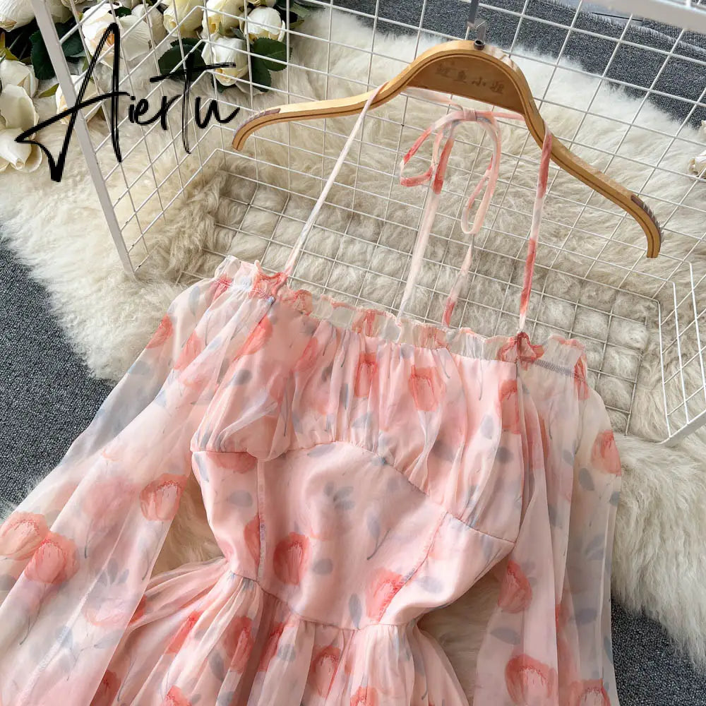 Holiday Pink Beach Dress Long Sleeve Floral Dress Women's Summer A-line Midi Princess Sweet Fairy Dress Sundress Femme Robe Aiertu