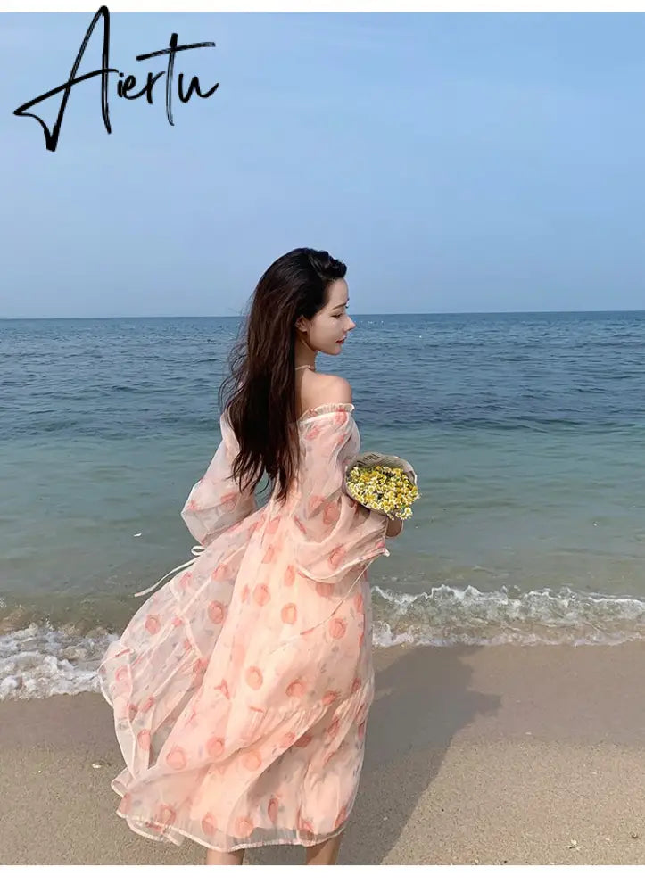 Holiday Pink Beach Dress Long Sleeve Floral Dress Women's Summer A-line Midi Princess Sweet Fairy Dress Sundress Femme Robe Aiertu