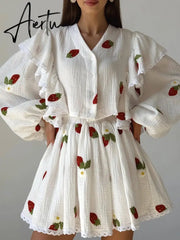 Home Suit Women Pajamas Cotton Linen Top Skirt Set Summer Strawberry Pattern Ruffle Long Sleeve Button Blouse Mini Skirt Outfits Aiertu