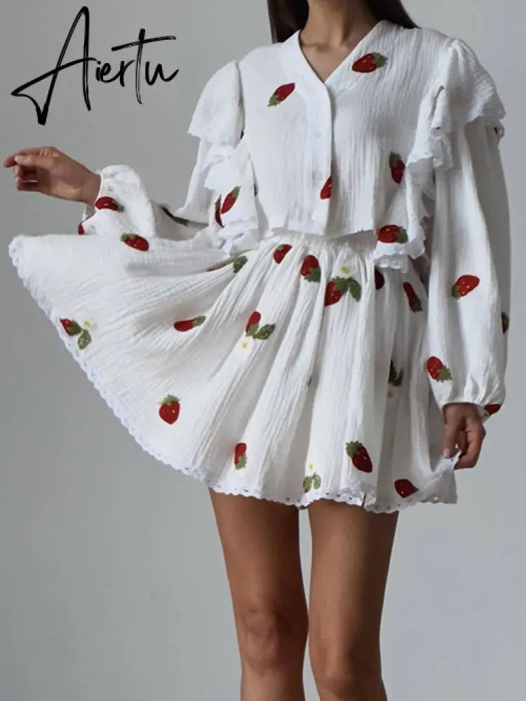 Home Suit Women Pajamas Cotton Linen Top Skirt Set Summer Strawberry Pattern Ruffle Long Sleeve Button Blouse Mini Skirt Outfits Aiertu