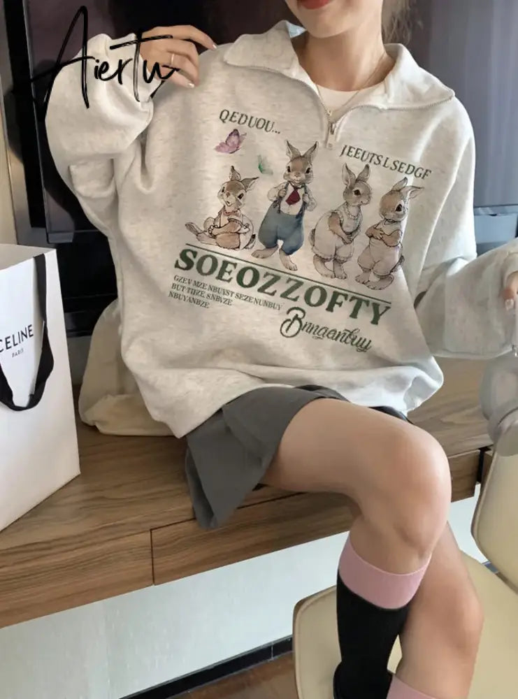 Hoodie for Woman Retro Gray Rabbit Y2k  Sweater Women Spring and Autumn Loose Oversize Harajuku Wind Casual Hundred Take Tops Aiertu