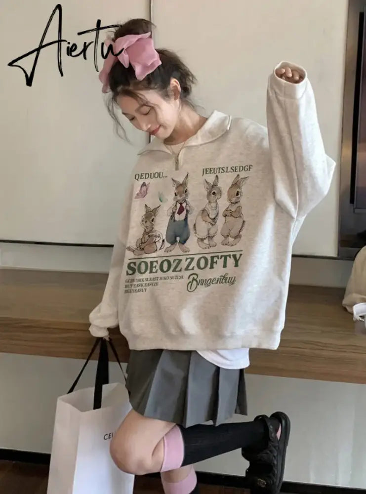 Hoodie for Woman Retro Gray Rabbit Y2k  Sweater Women Spring and Autumn Loose Oversize Harajuku Wind Casual Hundred Take Tops Aiertu