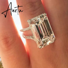 Huitan Luxury Crystal Geometric Cubic Zirconia Wedding Rings for Women Fashion Versatile Female Accessories High Quality Jewelry Aiertu