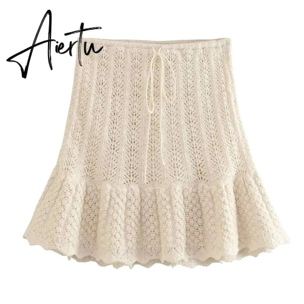 Jacquard Mesh Knitted Top Skirt Dress Set Women Summer Crochet Fashion Sleevless A-line Skirt Set Outfits Beachwear Aiertu