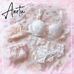 Japanese Cute Women's Underwear Set Lace Sexy Push Up Bra And Panty Embroidery Plus Size Lingere Femme White Bra Panties Thong Aiertu