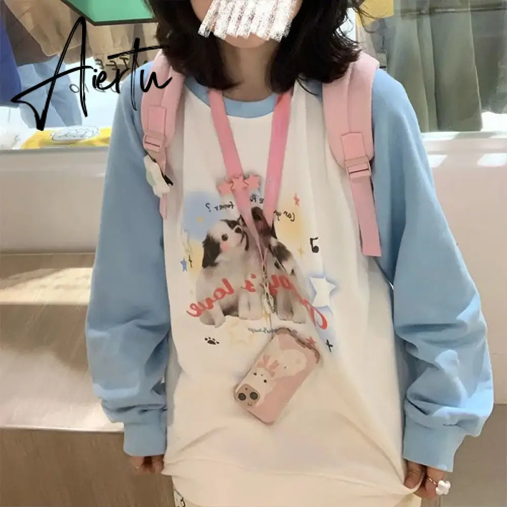 Japanese Preppy Style Student Women Casual Sweatshirt Kawaii Animal Print Hoodies Harajuku Curte Pullover Moletom Aiertu