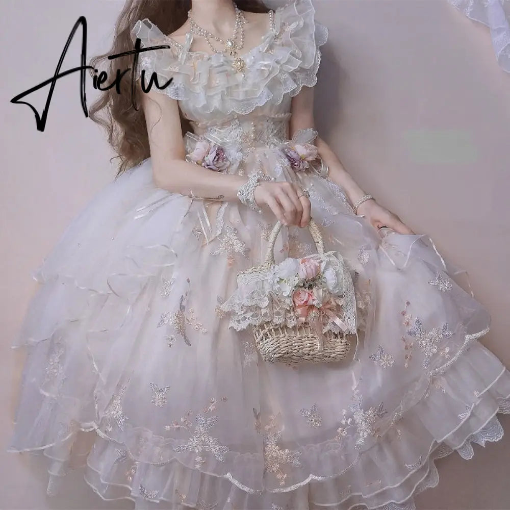 Japanese Retro Victorian Style Lolita Jsk Dress Sweet Ruffles Lace Floral Embroidery Princess Dresses Girl Women'S Summer Dress Aiertu