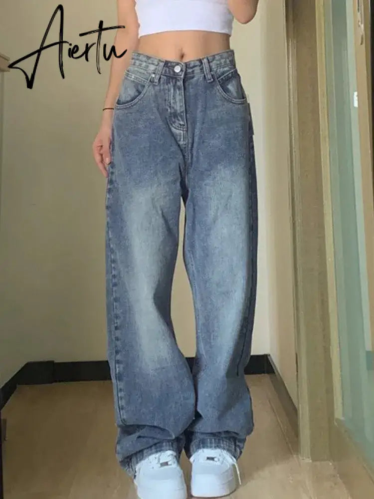Jeans Women Vintage 90S Baggy Straight Denim Trousers Y2k High Waist Loose Wide Leg Casual Long Pants Clothing Female Streetwear Aiertu
