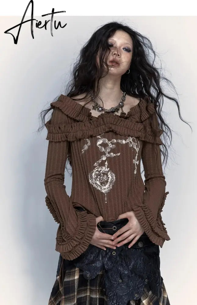 Karrcat Grunge Aesthetics Knitted Tops Vintage Off Shoulder Tattoo Print T-shirt Wasteland Punk Black Ribbed Tee Shirt Gothic Aiertu