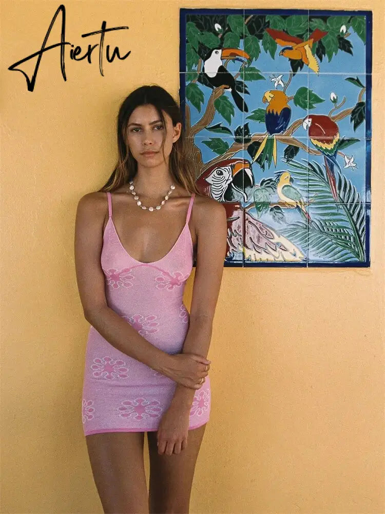 Knit For Women Printed Y2k Dress Slim Backless Fashion Holiday Beach Outfits See-Through Knitwear Summer Female Mini Dress Aiertu