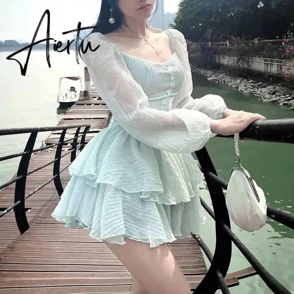 Korean Style Sweet Party Mini Dress Women Green Chiffon France Elegant Dress Female Bubble Sleeve White Casual Fairy Dress Aiertu