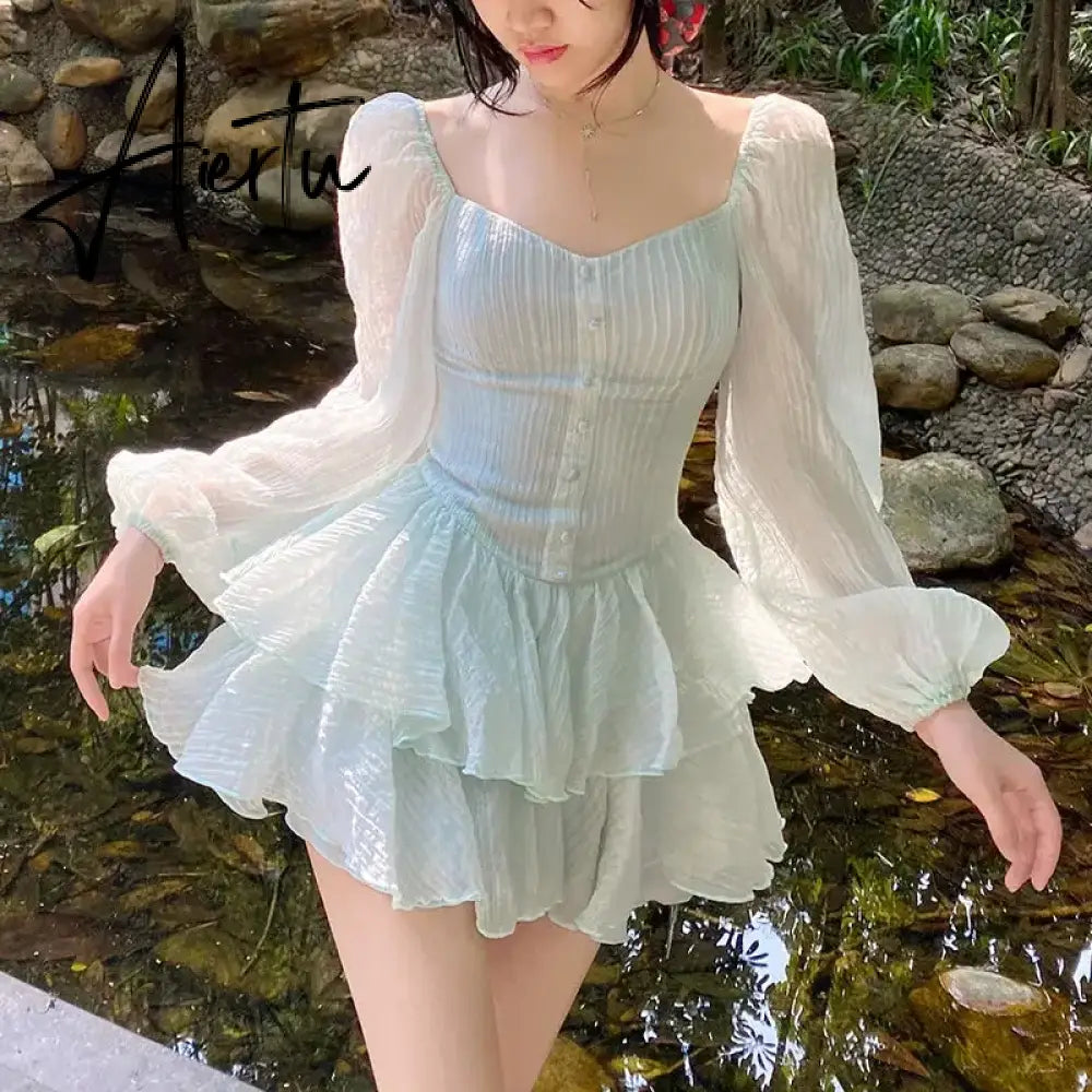 Korean Style Sweet Party Mini Dress Women Green Chiffon France Elegant Dress Female Bubble Sleeve White Casual Fairy Dress Aiertu