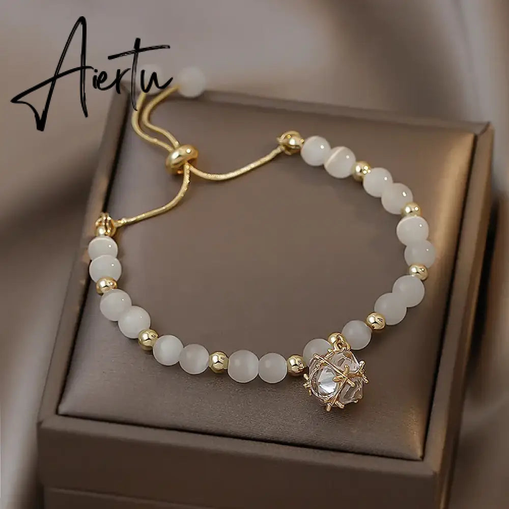 Korean White Opal Stone Pearl Bracelets for Women Luxury Exquisite Crystal Adjustable Cuff Bracelet Wedding Jewelry Party Gift Aiertu