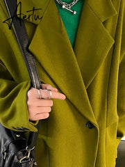 Lautaro Spring Autumn Long Green Oversized Trench Coat for Women Single Button Loose Luxury Casual Overcoat Korean Fashion Aiertu