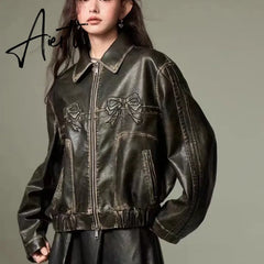Leather jackets Bow embroidery black bomber women racing winter Korean fashion Jacket vintage Outerwear coats outwear y2k Aiertu