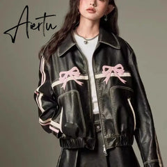 Leather jackets Bow embroidery black bomber women racing winter Korean fashion Jacket vintage Outerwear coats outwear y2k Aiertu