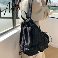 Light Drawstring Pocket Women Backpack Solid Color Nylon School Commuter Laptop Girls Bag Causal Korean Style Travel Backpack Aiertu