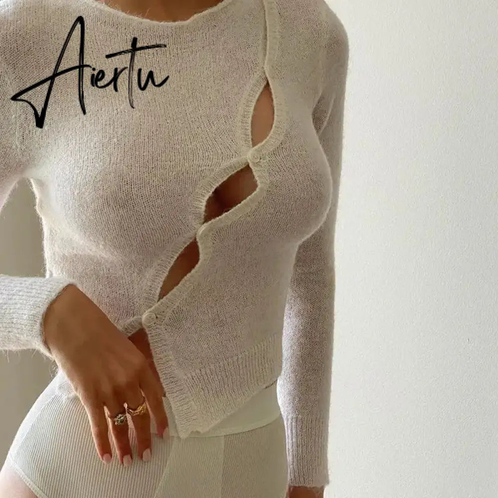 Long Sleeve Spring Autumn Knitted Women Tops Sweaters T-Shirts Elegant Hollow Out Top Tees Streetwear Y2K Clothes Aiertu