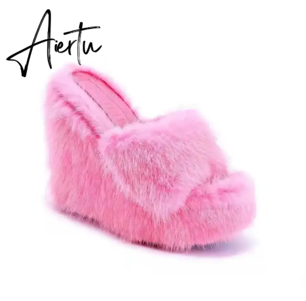Luxury new women feminine high-heeled fur drag outdoor all-match shoes slippers round head wedges with mink fur ms slippers Aiertu