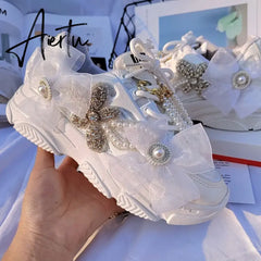 Luxury Pearls Beaded Shoes for Women's Chunky White Sneakers Rhinestones Ladies Running Casual Shoes Fashion Tennis Sports Shoes Aiertu