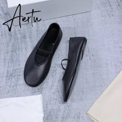 Mary Jane Comfortable Ballet flats Leather Black Slip Shoes For Women Shoes Red High Quality Shoes Woman Size 43 Aiertu