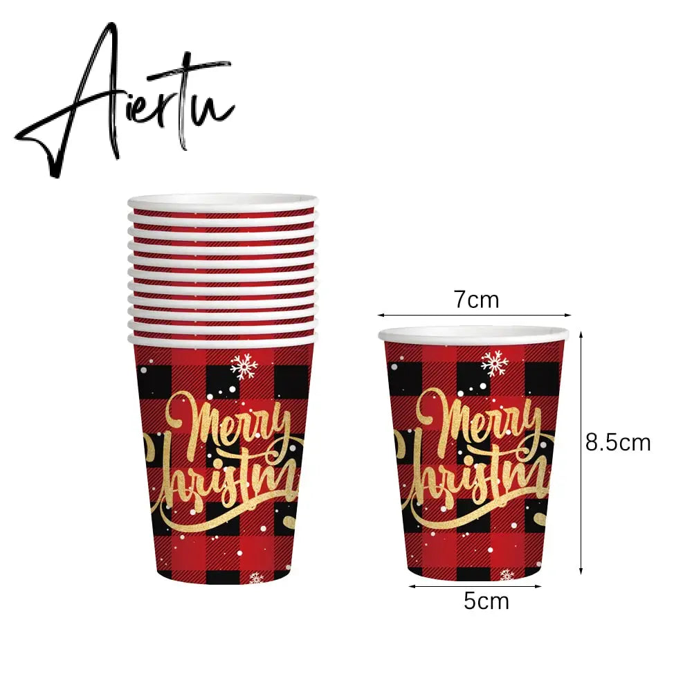 Merry Christmas Disposable Tableware Xmas Butterfly Lattice Disposable Paper Cup Plates Banner for Christmas Party Decoration Aiertu