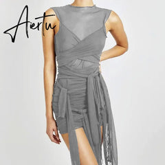 Mesh See Through Bodycon Party Dresses Women Sexy Clubwear Mini Dress Solid Sleeveless Basic Female Outfits Aiertu