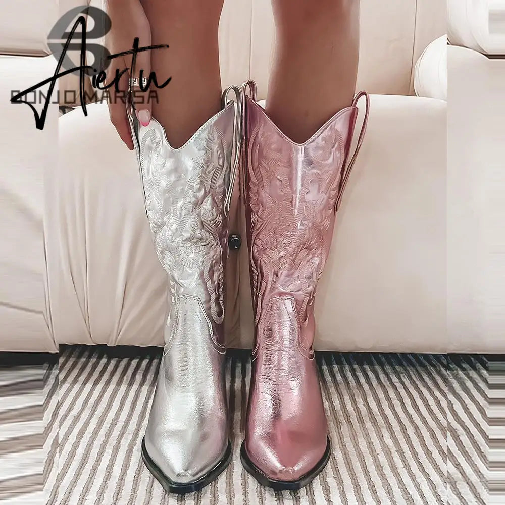 Metallic Cowboy Boots Pink Western Cowgirls Boots For Women Pointed Toe Stacked Heeled Mid Calf Brand Design Embroideried Shoes Aiertu