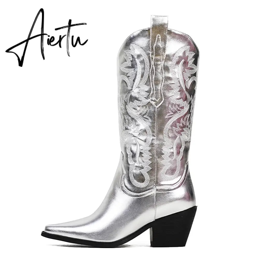 Metallic Cowboy Boots Pink Western Cowgirls Boots For Women Pointed Toe Stacked Heeled Mid Calf Brand Design Embroideried Shoes Aiertu