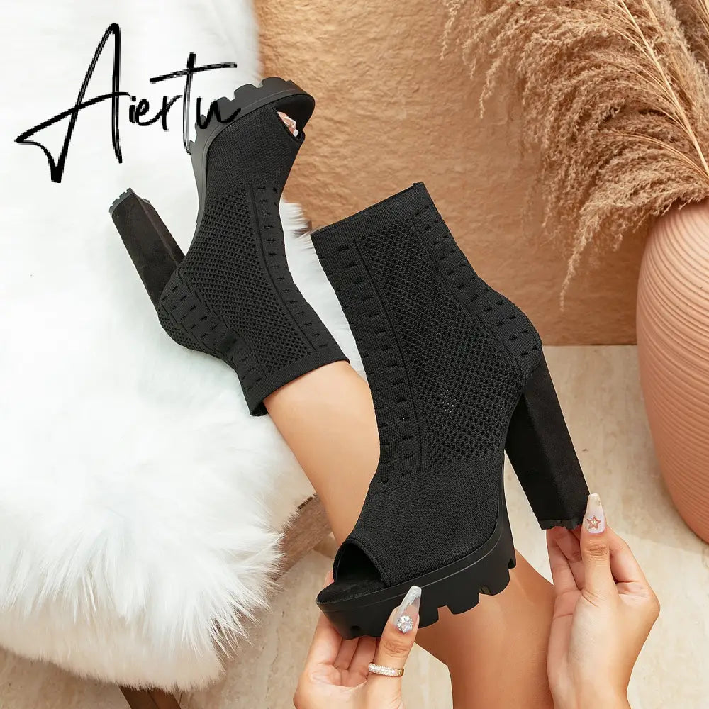 MOUSSE FIT Women Peep Toe Block Sock Boots mysite