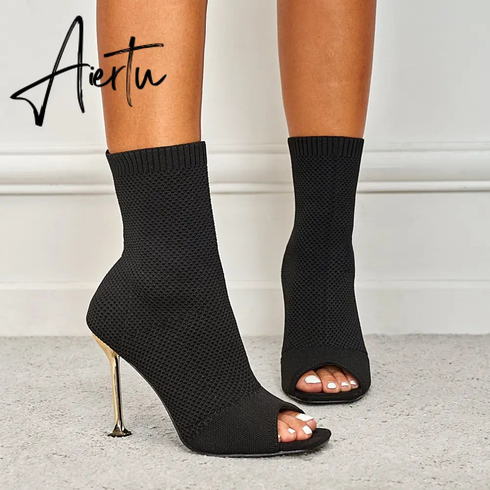 MOUSSE FIT Women Peep Toe Stiletto Heeled Sock Boots mysite