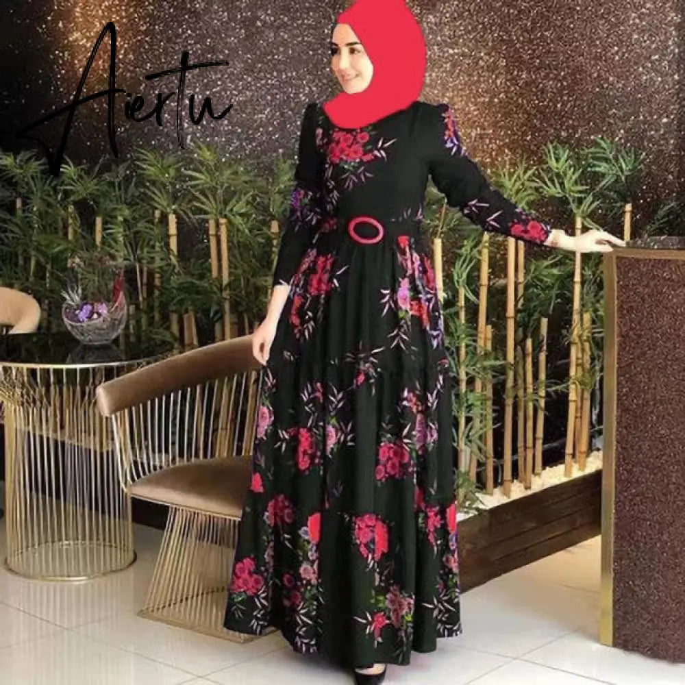 Muslim Dress Woman hijab Shirt Dress Long Sleeve Maxi Vestidos Female Button Robe femme musulman High Wasit Solid Sundress Aiertu